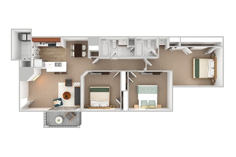 A floor plan of a house with a kitchen, living room, and two bedrooms.